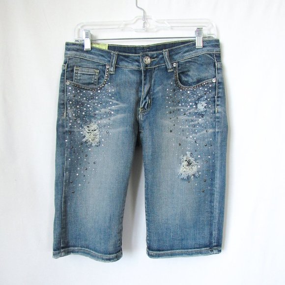 GORGEOUS Y2K Rhinestone Embellished Low Rise Jorts Denim Jean Shorts - Picture 1 of 12
